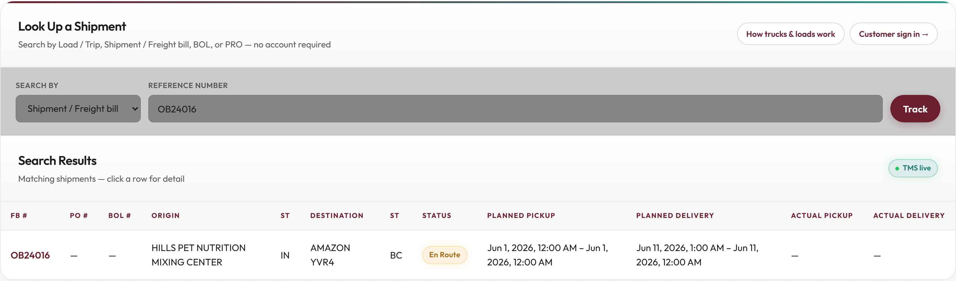 Pipeline Public Shipment Lookup Search Results